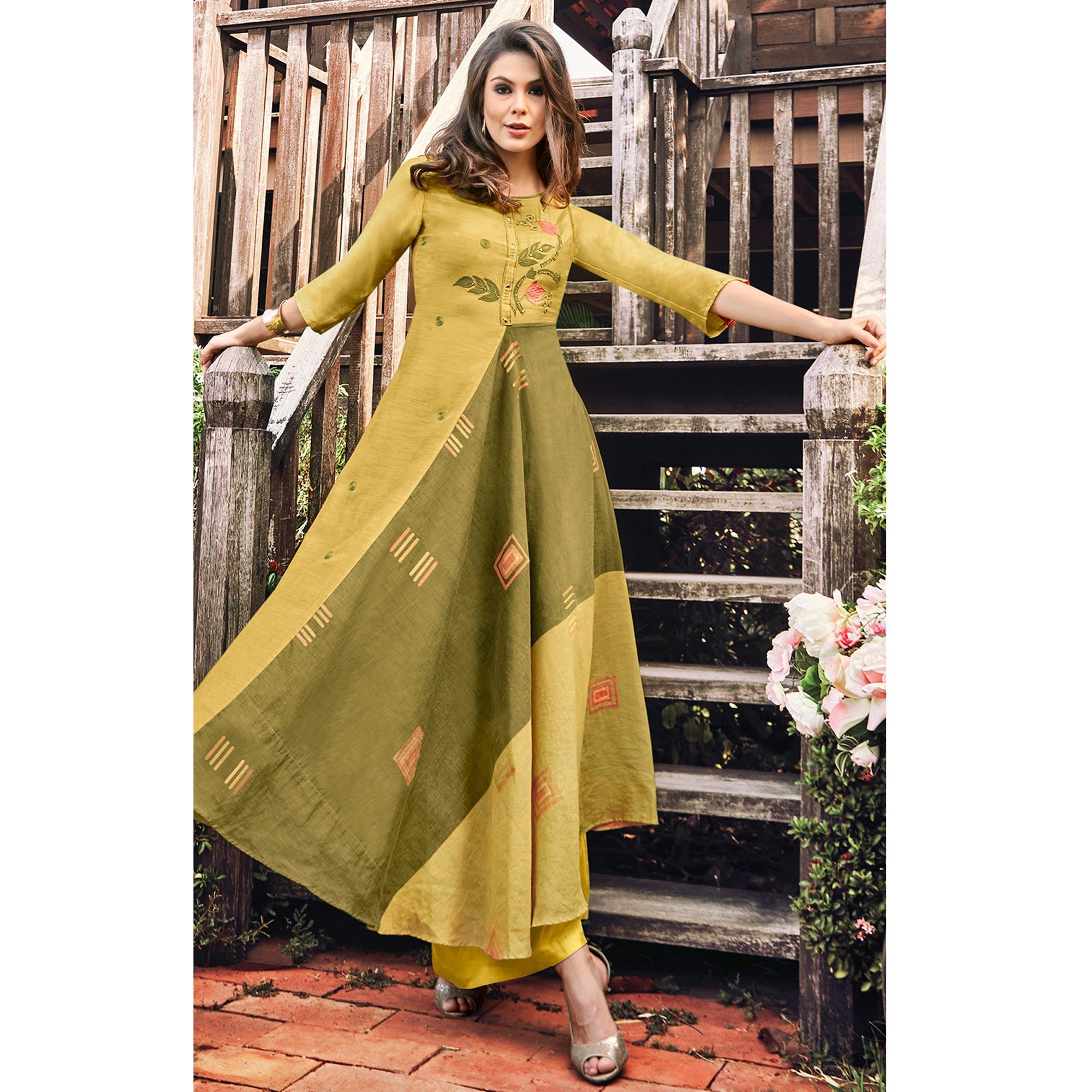 Fiorra Mehendi colour A-Line Kurta with Pant, Hand Wash at Rs 470 in Surat